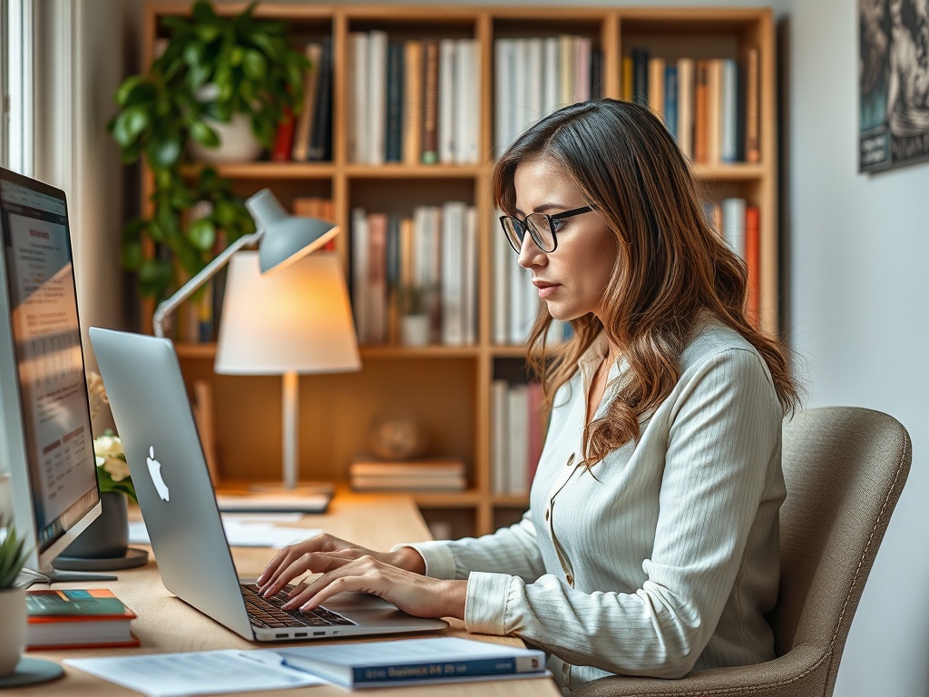 Женщина в офисе работает за ноутбуком, вокруг книги на полках и мягкий свет от лампы.