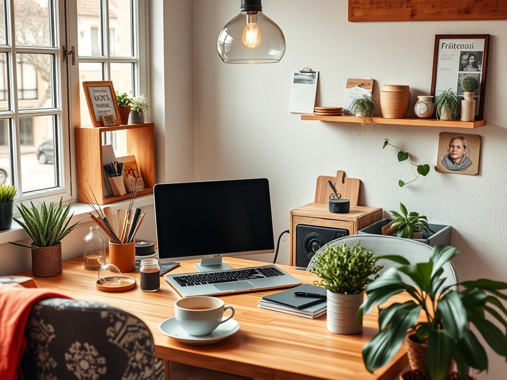 Уютный офис с зелеными растениями, компьютером и аксессуарами на деревянном столе. Светлая атмосфера.