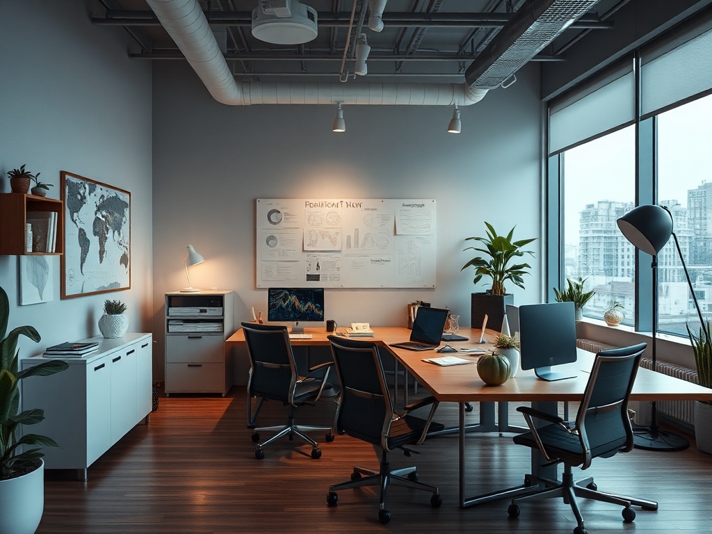 Современный офис с большими окнами, столами, растениями и оборудованием для работы. Уютная атмосфера.