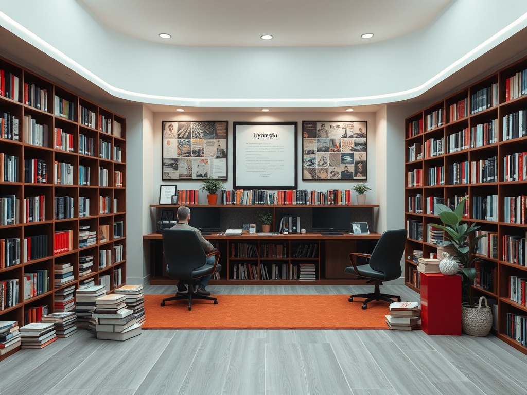 Уютная библиотека с книгами, столом и креслами, идеальная для учебы или чтения.