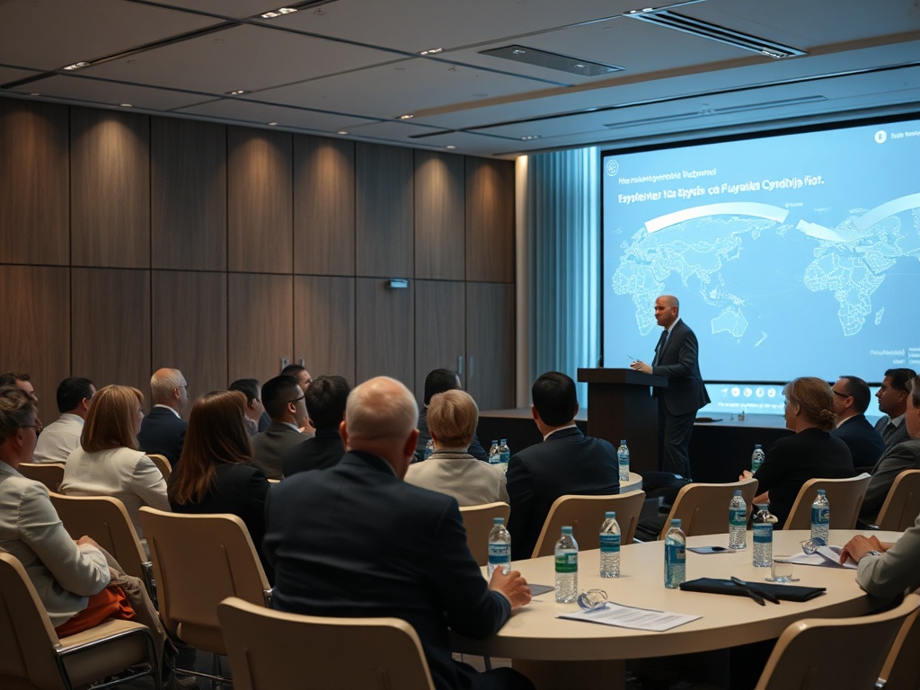 На встрече, где выступает спикер, присутствуют участники, сидящие за столами с бутылками воды.