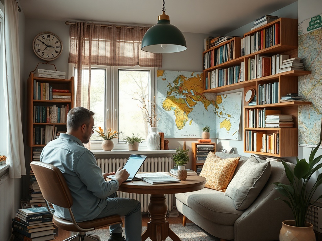 Мужчина сидит за столом в уютном кабинете, работает на планшете с книгами и картой мира вокруг.