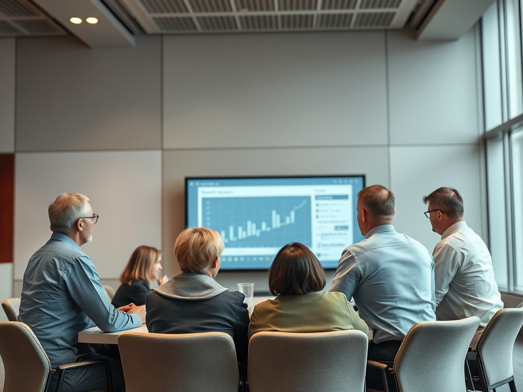 Группа людей на встрече смотрит на экран с графиками и данными в современном офисном помещении.