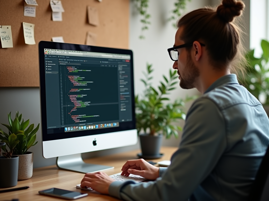 Мужчина-программист работает за компьютером Apple, на экране код. Вокруг растения и заметки.